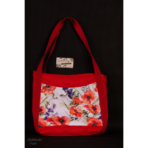 Hexagon Designer bevásárló táska; piros pipacs / lila harangvirág